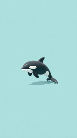 An orca whale jumping out of the water against a light blue background.の素材