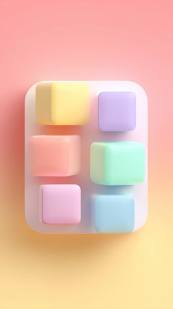A visually appealing image featuring six pastel-colored cubes arranged in a clear container. The soft colors and clean lines create a sense of calm and order.の素材