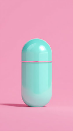 A mint green capsule-shaped container against a pink background, minimalist design.の素材