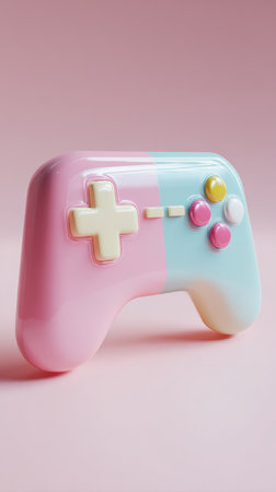 A pastel-colored gaming controller against a matching pink background. The design is playful and visually appealing.の素材