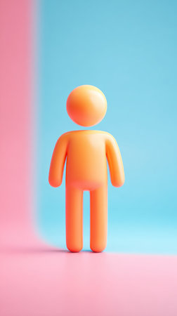 An orange figure stands in front of a pink and blue background.の素材