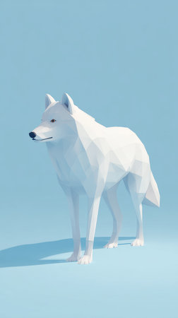 A low-poly white wolf stands on a light blue surface, minimalist design.の素材