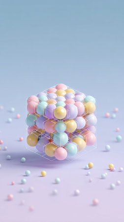 A visually appealing image of a cube constructed from pastel-colored spheres, creating a unique and artistic composition.の素材