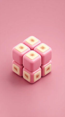 A close-up shot of a cube structure made of pink and beige cubes, set against a pink backdrop.の素材