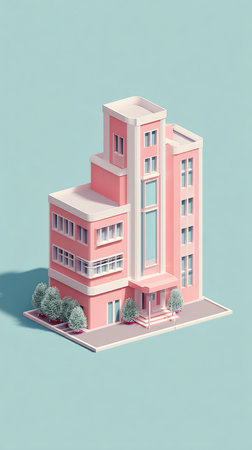 A detailed illustration of a pink building with a modern architectural design, set against a soft blue backdrop.の素材