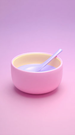 A pink bowl with a spoon inside, set against a gradient background of pink and purple.の素材