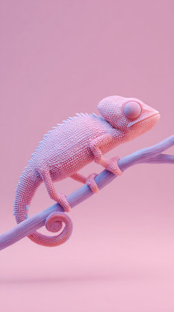 A pink chameleon is perched on a branch, set against a soft pink background. The image is a studio shot.の素材