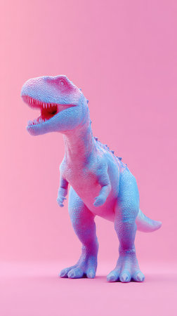 A vibrant image of a pink and blue dinosaur toy set against a matching pink backdrop.の素材