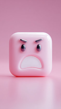 A pink emoji face with an angry expression on a pink background.の素材
