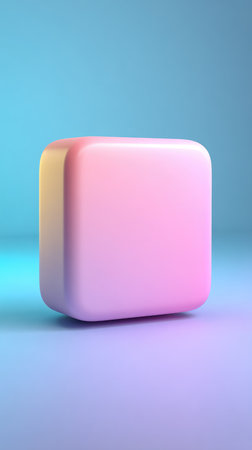 A vibrant pink cube against a gradient blue background, showcasing a minimalist aesthetic.の素材