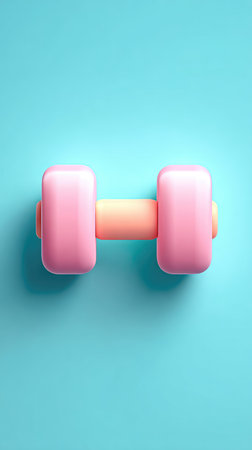 A pink dumbbell is placed on a blue background, representing fitness and exercise.の素材