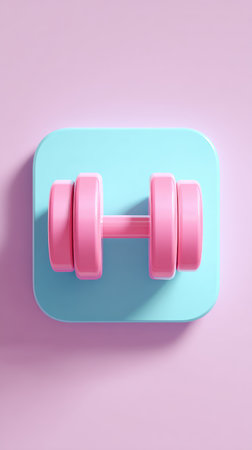A pink dumbbell icon on a blue square, representing fitness and exercise. Perfect for health and wellness content.の素材