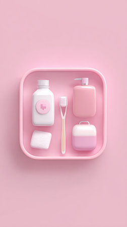 A top-down view of a pink tray containing various bathroom essentials, all in shades of pink and white.の素材