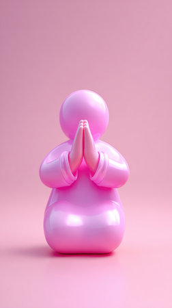 A pink figure in a prayer position against a pink background, minimalist design.の素材