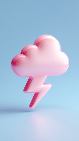 A cute pink cloud with a lightning bolt on a light blue background. Perfect for weather or design.の素材