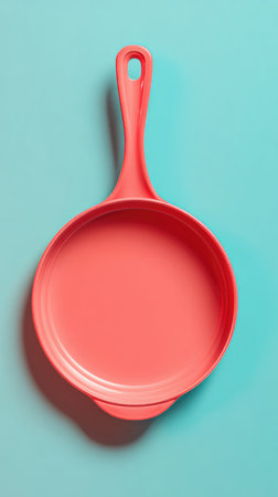 A close-up shot of a pink frying pan on a blue background.の素材