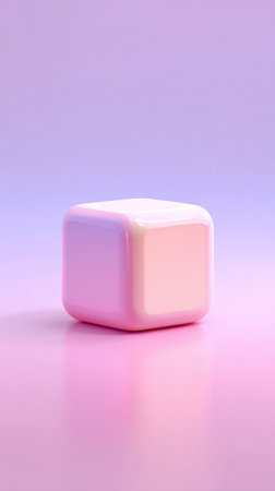 A minimalist image of a pink cube, perfectly centered, against a gradient background. The lighting is soft and diffused, creating a sense of calm.の素材