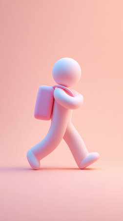 A pink figure walks forward with a backpack against a pink background, minimalist design.の素材