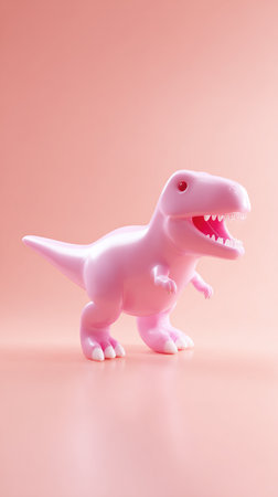 A pink dinosaur toy stands on a pink surface against a pink backdrop.の素材