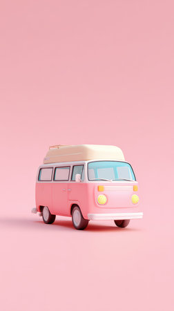 A charming illustration of a pink camper van set against a matching pink backdrop, evoking a sense of travel and leisure.の素材