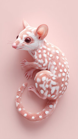 A close-up shot of a pink possum with white spots on a pink background. The possum is curled up.の素材