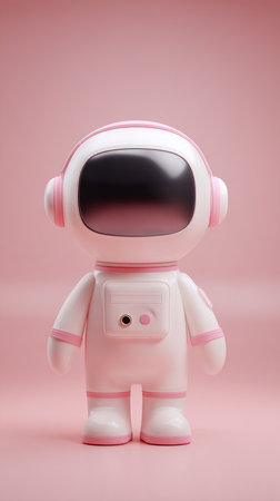 A cute pink astronaut figurine stands against a soft pink backdrop, perfect for space-themed designs.の素材
