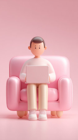 A cartoon character is sitting on a pink sofa and working on a laptop. The background is also pink.の素材