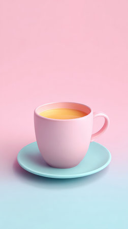 A pink coffee cup on a blue saucer against a pastel pink and blue background.の素材