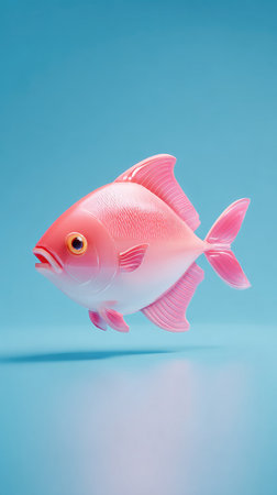 A vibrant pink fish gracefully swims in a clear blue water environment.の素材