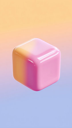 A glossy pink cube with rounded edges, set against a soft gradient background.の素材