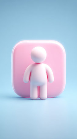A pink figure stands in front of a pink square on a blue background, creating a minimalist and abstract composition.の素材