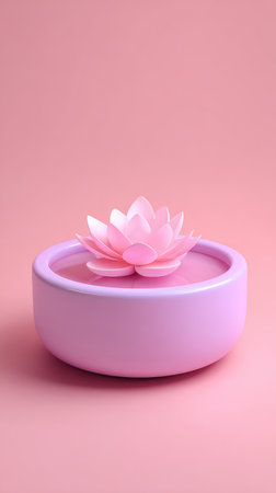 A beautiful pink lotus flower floats in a bowl of water, creating a serene and peaceful image.の素材