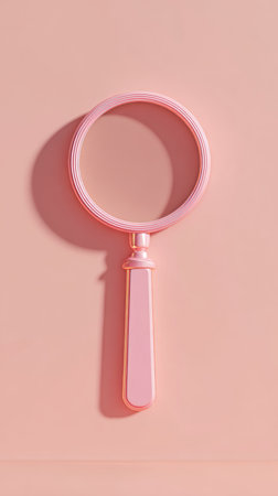 A pink magnifying glass is placed on a pink surface, creating a monochromatic aesthetic.の素材