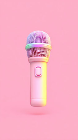 A studio shot of a pink microphone floating against a pink background.の素材