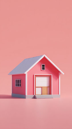 A charming pink house model against a matching pink backdrop, showcasing minimalist architecture and design.の素材
