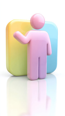 A pink figure stands before a gradient background, symbolizing concepts.の素材