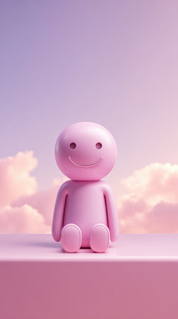 A pink figure with a smiling face sits on a pink surface with clouds in the background.の素材