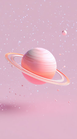A beautiful pink planet with rings, surrounded by stars, perfect for space-themed designs.の素材