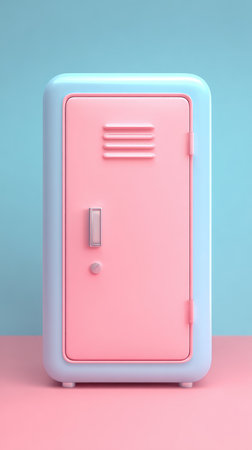 A pink locker stands on a pink surface against a blue background.の素材
