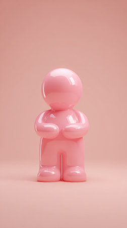 A pink figurine of a person in a focused pose on a pink background.の素材