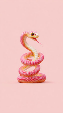 A pink snake is coiled up on a pink background. The snake has a yellow head and is looking up.の素材