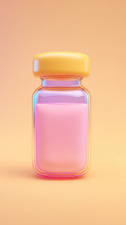 A close-up shot of a small glass vial filled with pink liquid, topped with a yellow cap, set against a peach-colored backdrop.の素材