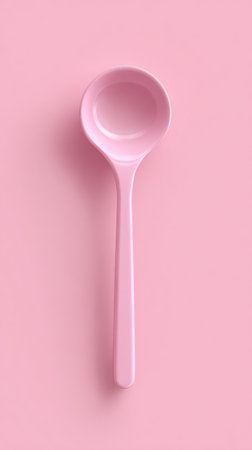 A close-up shot of a pink spoon on a pink background. The spoon is the central focus, highlighting its form and color.の素材