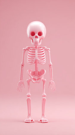 A pink skeleton figure stands against a matching pink background, creating a monochromatic and playful image.の素材