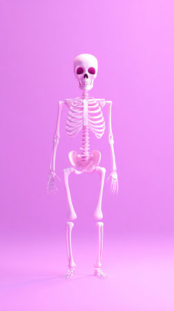 A pink skeleton stands in front of a pink background.の素材
