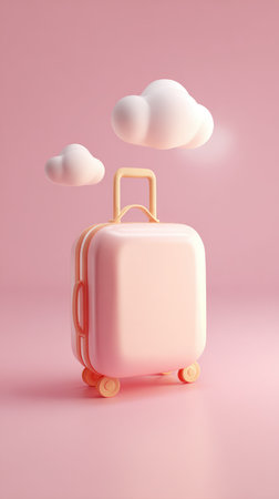 A pink suitcase with clouds, perfect for travel and vacation. The image is a concept of travel.の素材