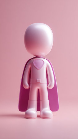 A pink superhero figure with a cape stands against a pink background.の素材