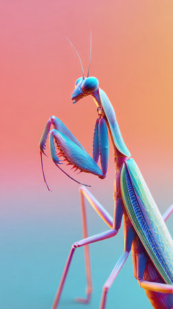 A stunning close-up of a praying mantis, showcasing its intricate details and vivid colors against a gradient background.の素材