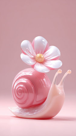 A cute pink snail with a flower on its back, set against a soft pink backdrop.の素材