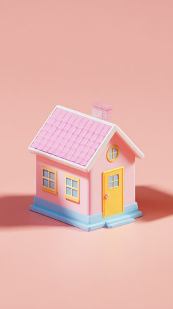 A small, pink toy house with a yellow door and blue base, set against a pink backdrop.の素材